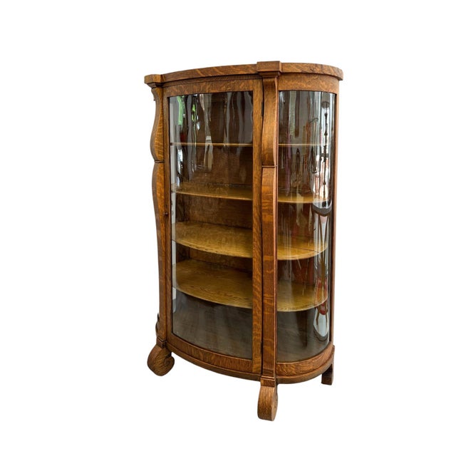 American Antique American Tiger Oak Bowfront Curio Cabinet With Bent Glass, C. 1900 For Sale - Image 3 of 13