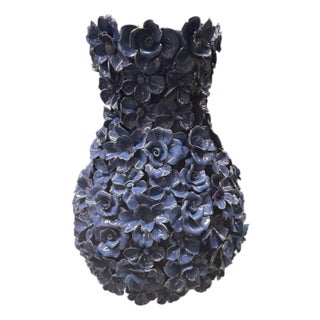 Rare & Elaborate Mid-Century Style Indigo Floral Glazed Ceramic Vase For Sale