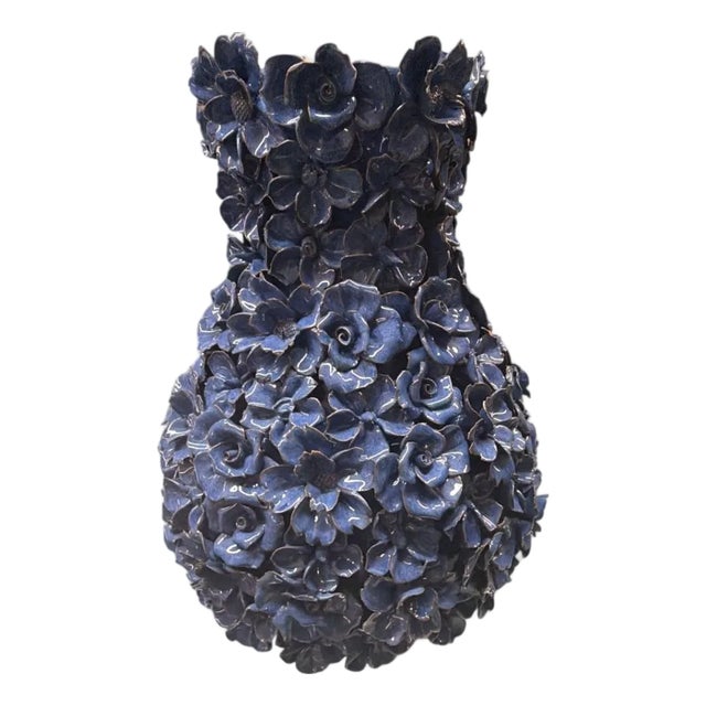 Rare & Elaborate Mid-Century Style Indigo Floral Glazed Ceramic Vase For Sale