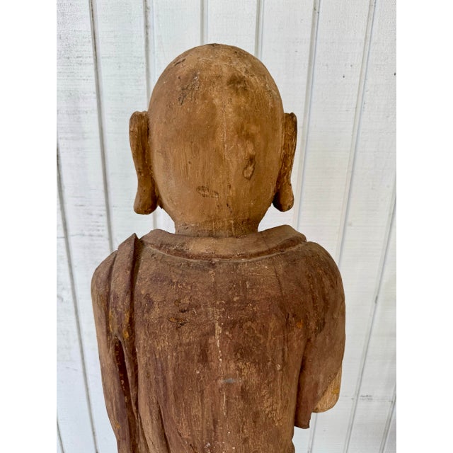 Antique Huge Carved Polychrome Wood Buddha Buddhist Monk on Lotus For Sale - Image 10 of 12