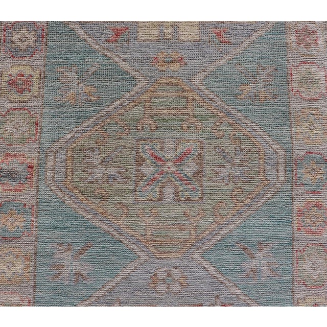 Modern Small Oushak Runner With Teal-Blue Background and Medallion Motif For Sale - Image 9 of 11