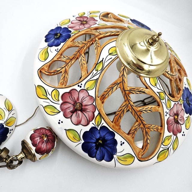 Metal 1980s Italian Style Ceramic & Brass Ornate Floral Large Pendant Light For Sale - Image 7 of 9