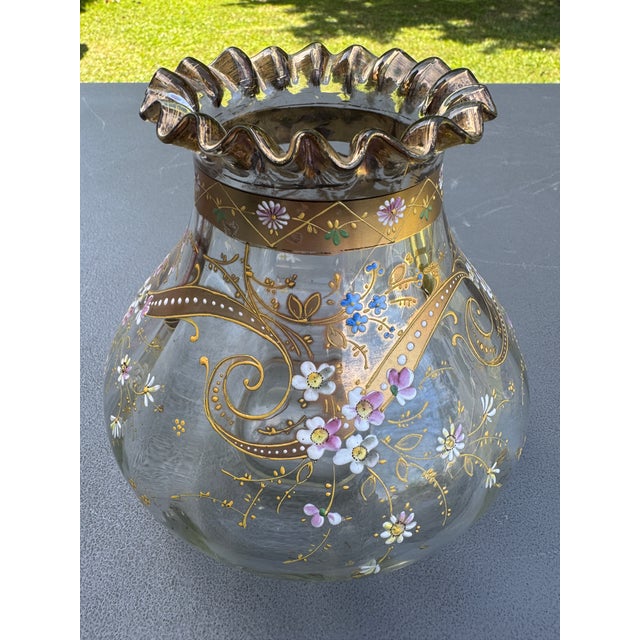 Moser Glassworks Moser Hand-Enameled Bohemian Uranium Art Glass Set: Coupe Stem & Rose Bowl Vase For Sale - Image 4 of 18