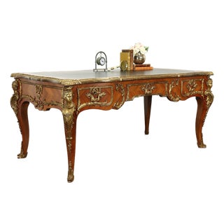 Antique French-Style Leather Top Ornate Wood Desk With Bronze Accents For Sale