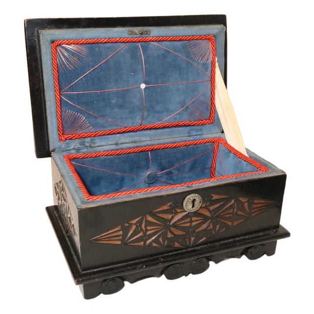 Antique 1800s Ornate Hand Chip Carved Ebonized Wooden Velour Lined Jewelry Box For Sale