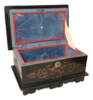 Antique 1800s Ornate Hand Chip Carved Ebonized Wooden Velour Lined Jewelry Box