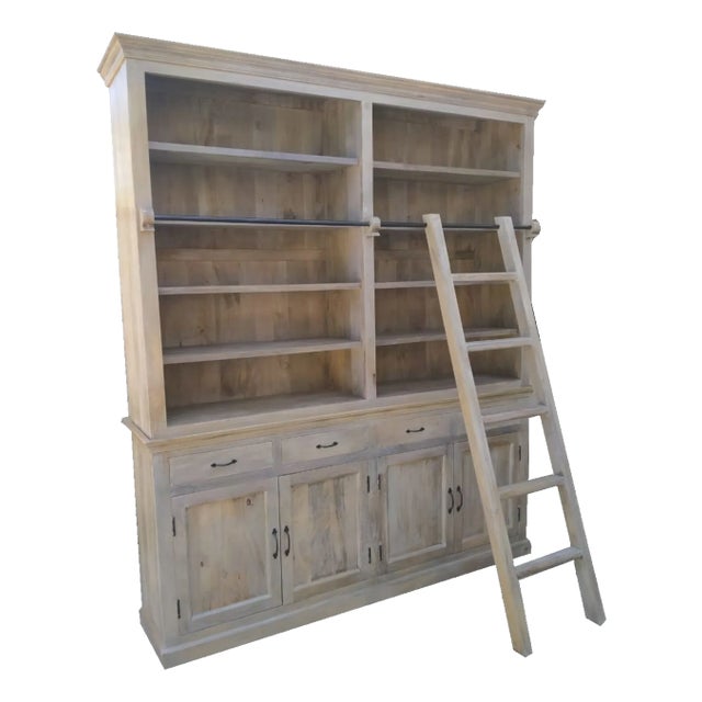 Coastal Driftwood Bookcase With Sliding Ladder For Sale