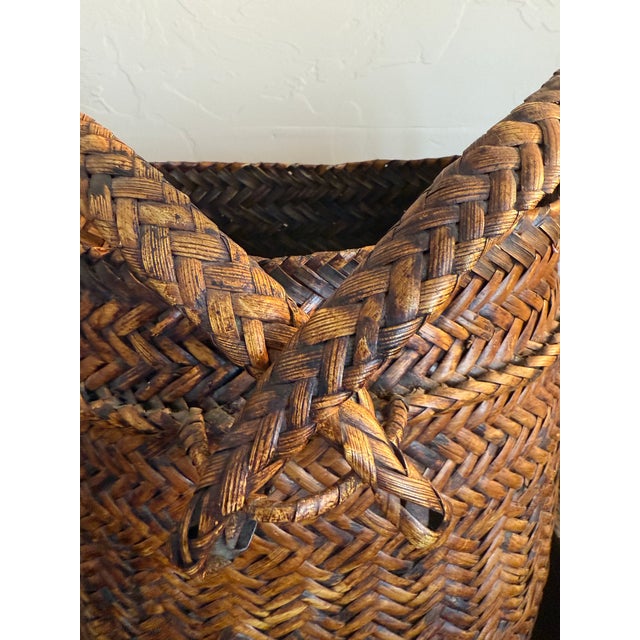 Brown Vintage Asian Woven Rattan Bamboo Rice Traditional Harvest Basket Wicker Backpack For Sale - Image 8 of 11