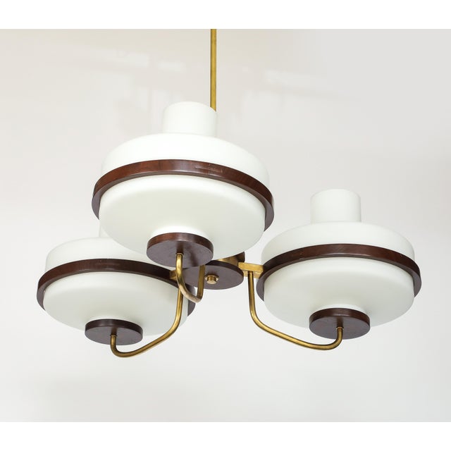 Mid-Century Modern 1960's Stilnovo Style Walnut and Brass Chandelier For Sale - Image 3 of 17