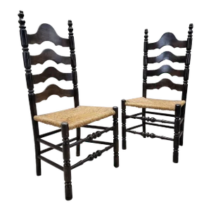 Vintage French Country Style Ladder Back Rush Seat Side Chairs - Pair