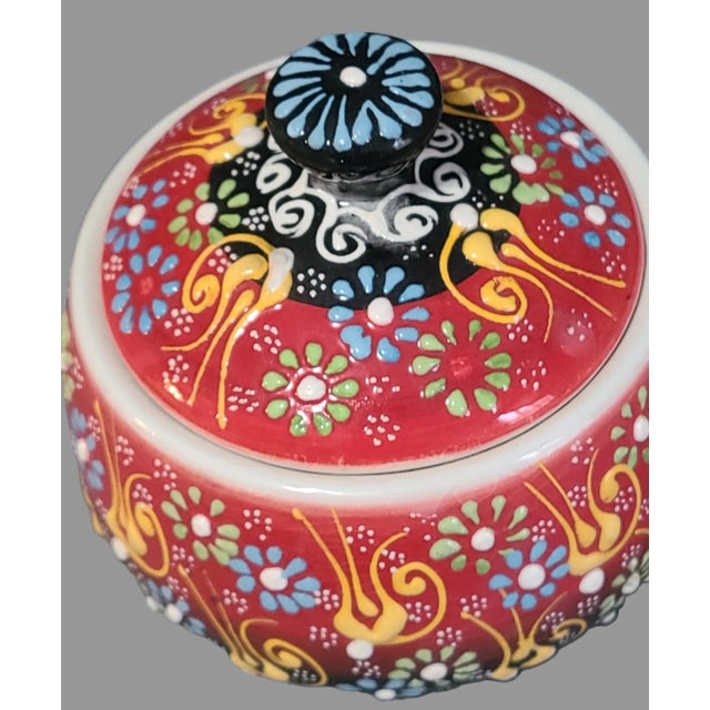 Boho Chic Vintage Turkish Hand Painted Colorful Floral Enamel Porcelain Covered Jar Sugar Candy Trinket For Sale - Image 3 of 5