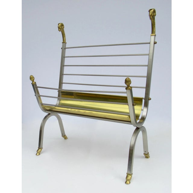 French Vintage C.1970's Italian Maison Jansen Polished Brass and Satin Nickel Ram Head & Hoofed Magazine Rack/Holder For Sale - Image 3 of 13