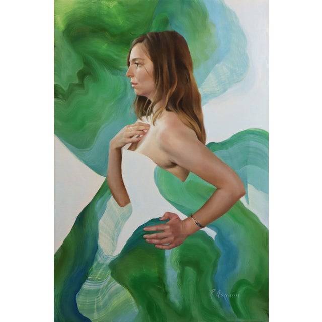 Tidal Pool by Robyn Asquini | Oil on wood panel Portrait of a woman with green abstract background. For Sale