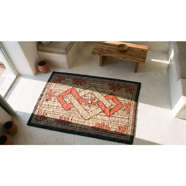 Tan 1900s Tan Camel Diamond Squares Folk Art Antique American Hooked Rug 2'8" X 4'0" Wool Carpet For Sale - Image 8 of 8