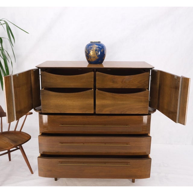 Light Walnut Bow Front Drawers Long Brass Pull Hardware Gentleman's Chest Mint For Sale - Image 17 of 18