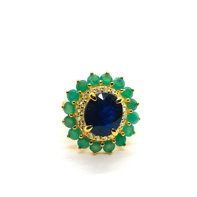 Gemstone Bochic “Orient” Vintage Diamond, Blue Sapphire & Emerald Ring Set In 18K Gold & For Sale - Image 7 of 18
