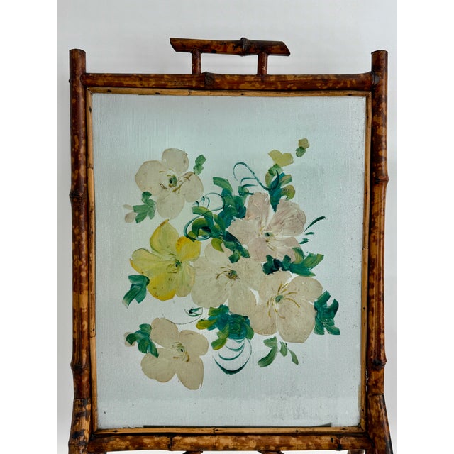 Late 19th Century Antique Victorian Bamboo and Hand-Painted Glass Fire Screen, C,1890s For Sale - Image 5 of 9