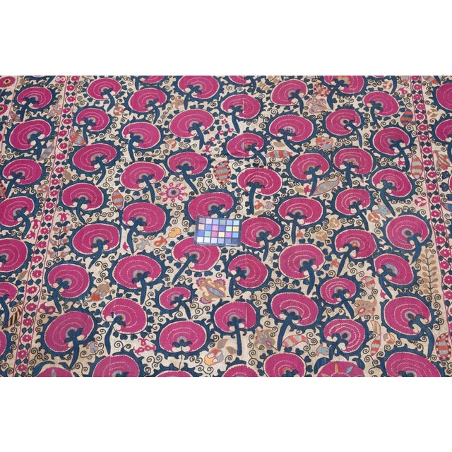 From the Central Asian Uzbeks, this silk on cream shows seven columns of fat "apples" with near black stems, and en suite...