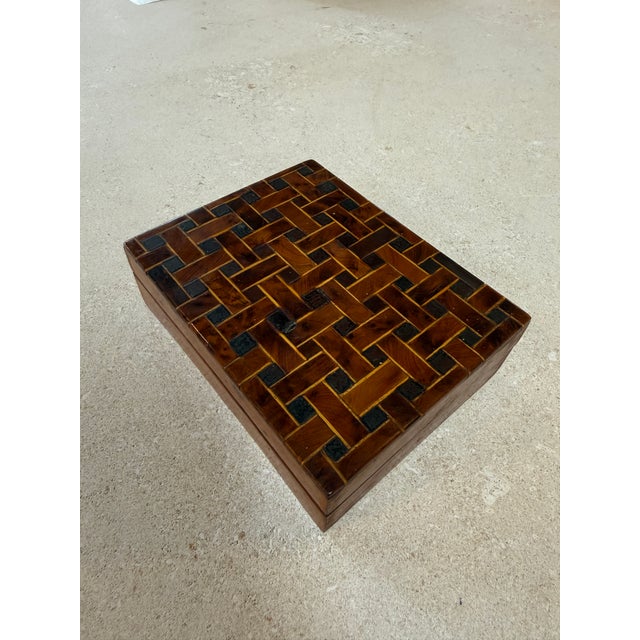 Modern Vintage Wooden Trinket Box With Herringbone Pattern For Sale - Image 3 of 9
