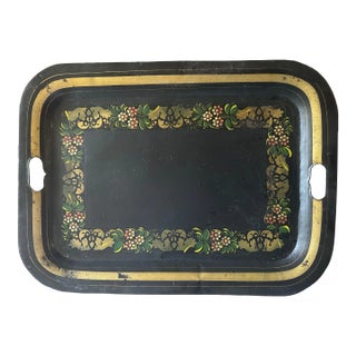 Antique Folk Art Black and Gold Tole Metal Tray For Sale