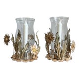 1950s Italian Tole Hurricane Candle Holders W/Floral Motif -- A Pair For Sale