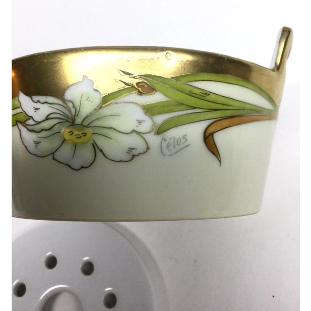 Ceramic Artist Signed Celos Bavarian China Butter Tub Floral Pattern Gold Painted For Sale - Image 7 of 11