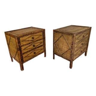 1970s Burnt Bamboo 3 Drawers Cane Rattan Nightstands - A Pair For Sale