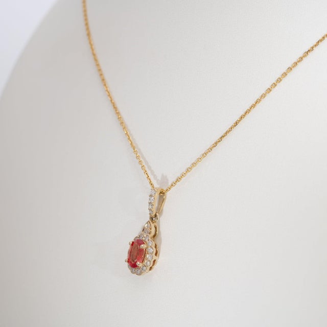 Aaa Padparadscha Sapphire Pendant With Natural Diamonds: Solid 14k Gold, 6x4mm For Sale In Columbus - Image 6 of 7