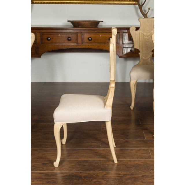 Set of Six Italian Midcentury Bleached Walnut Dining Room Chairs with Scrolls For Sale - Image 4 of 12