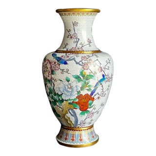 Large Vintage Chinese Cloisonné Vase - White With Flowers and Blue Birds For Sale