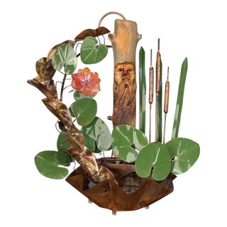 Outsider Folk Copper Art Garden Indoor Water Fountain W/ Live Edge Log For Sale