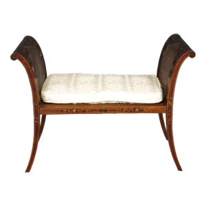 Rare Cane and Silk Upholstered Adams Paint Decorated Stool Bench Circa 1900