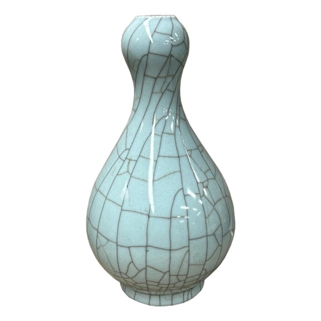 Crackle Pattern Aqua Blue Flare Slender Neck Ceramic Vase For Sale