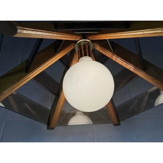 New Old Stock - Unused MCM Vintage Hanging Pendant Light/Swag Lamp Oak wood with smoked beveled glass shades, gold...