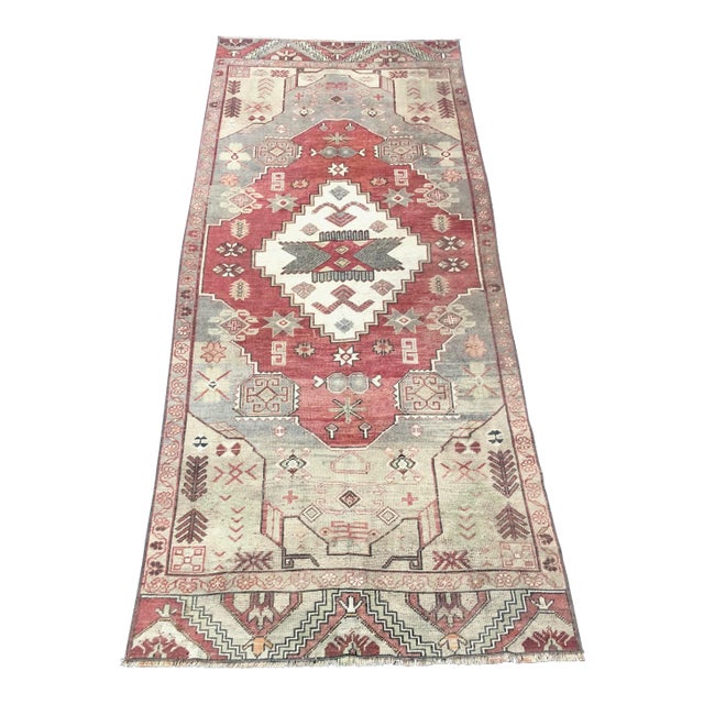 Vintage Geometric Design Turkish Handmade Wool Red and Gray Rug For Sale