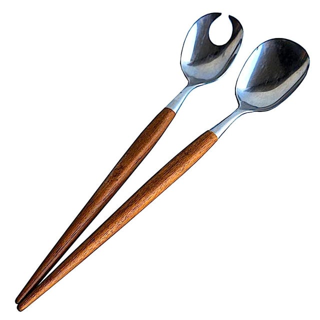 Offered is a pair of 1960s stainless steel and teak wood salad servers made in Norway. They are very sleek and elegant, in...