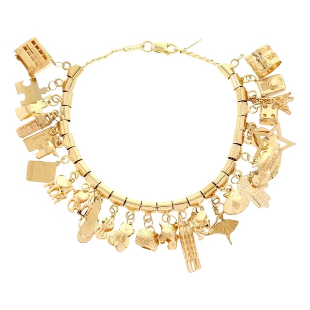 14k Yellow Gold Multi-Charms Chain Bracelet For Sale