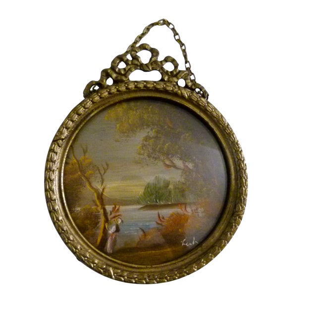 Metal Vintage Italian Miniature Oil Landscape Painting in Ornate Victorian Brass Frame | Signed For Sale - Image 7 of 12