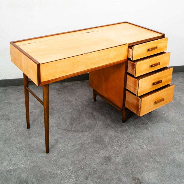 Mid Century Modern Vanity Desk Birch Walnut Drawers Mirror Italian Blonde Wood For Sale - Image 4 of 10