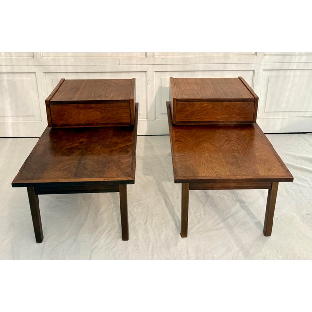 Mid-Century Modern 1960s Pair of MCM Stanley Furniture Walnut 2-Tier Stepped Nightstands Side Tables For Sale - Image 3 of 18