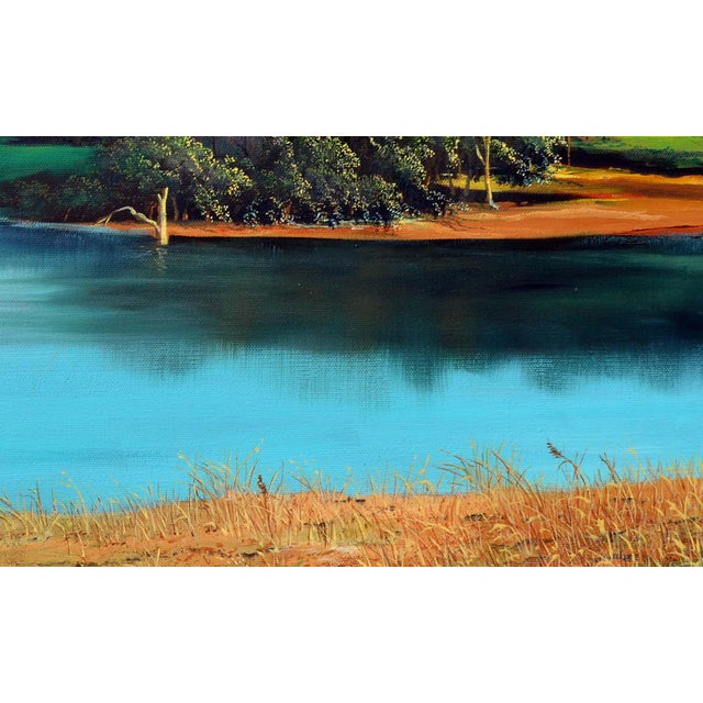Blue Northern California Duck Lake, Realist Landscape, Oil on Canvas, 1990s by Luke Stamos For Sale - Image 8 of 8