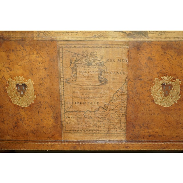 Wood Antique Edwardian Leather Clad & Embossed Fire Screen with Map Decoration, 1900 For Sale - Image 7 of 18