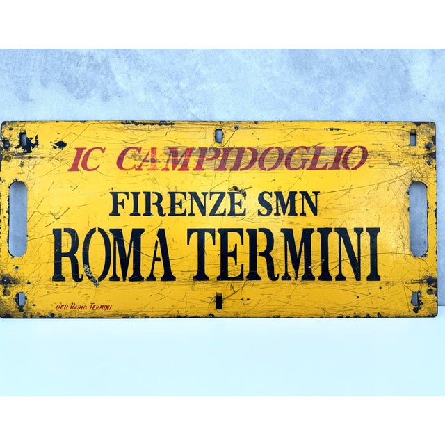 Yellow Vintage Italian Double-Sided Metal Train Route Sign: Roma Termini to Firenze SMN, 1970s For Sale - Image 8 of 17