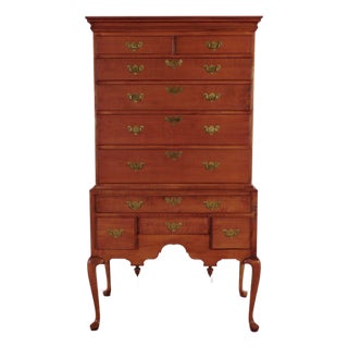Ca. 1960s 2 Piece Curly Tiger Maple Flat Top Queen Anne Highboy W/ Secret Drawer 73" T For Sale