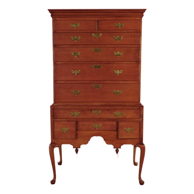 Ca. 1960s 2 Piece Curly Tiger Maple Flat Top Queen Anne Highboy W/ Secret Drawer 73" T For Sale