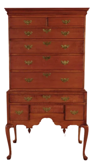 Ca. 1960s 2 Piece Curly Tiger Maple Flat Top Queen Anne Highboy W/ Secret Drawer 73" T