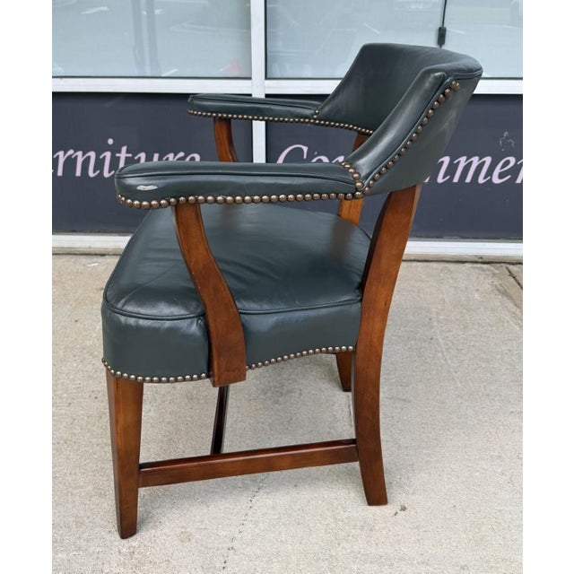 Statesville Chair Company Vintage Blue Leather Office Chair With Nailhead Trim For Sale - Image 4 of 14