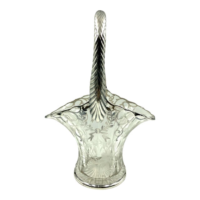 Antique Etched Floral Sterling Silver Overlay Wedding Bride's Basket For Sale