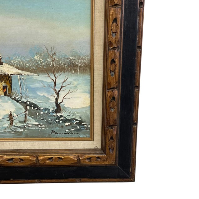 Vintage Signed Winter Landscape Oil Painting on Canvas in Hand-Carved Wood Frame, Rustic Snow Cabin Scene.. For Sale In Seattle - Image 6 of 10