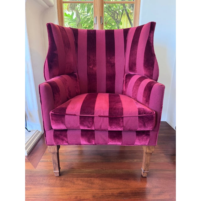 Contemporary Curved Wing Arm Chair With Zimmer & Rohde Fabric in Deep Wine For Sale - Image 3 of 5